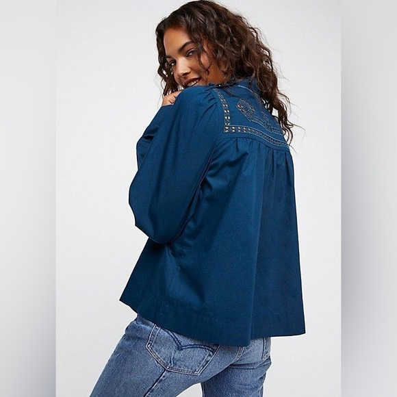 Free People Top Large Teal Blue Another Eternity Crochet Mock Neck Bell Sleeve - Picture 2 of 13